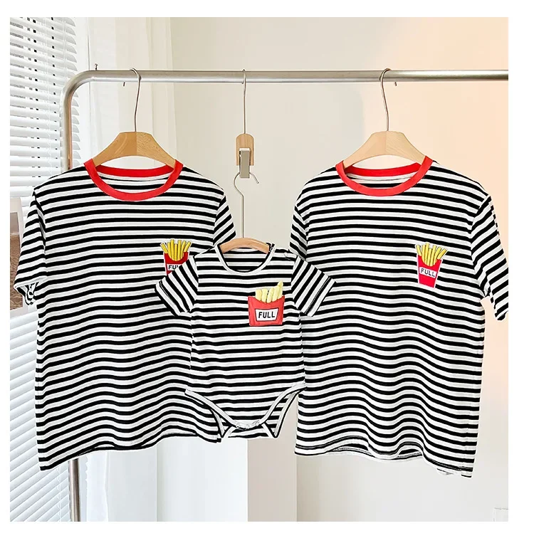 Family Match Unisex Black And White Striped T Shirt Short Sleeve Baby Clothes Parent-child Wear Pattern Child Dad Mother Kids