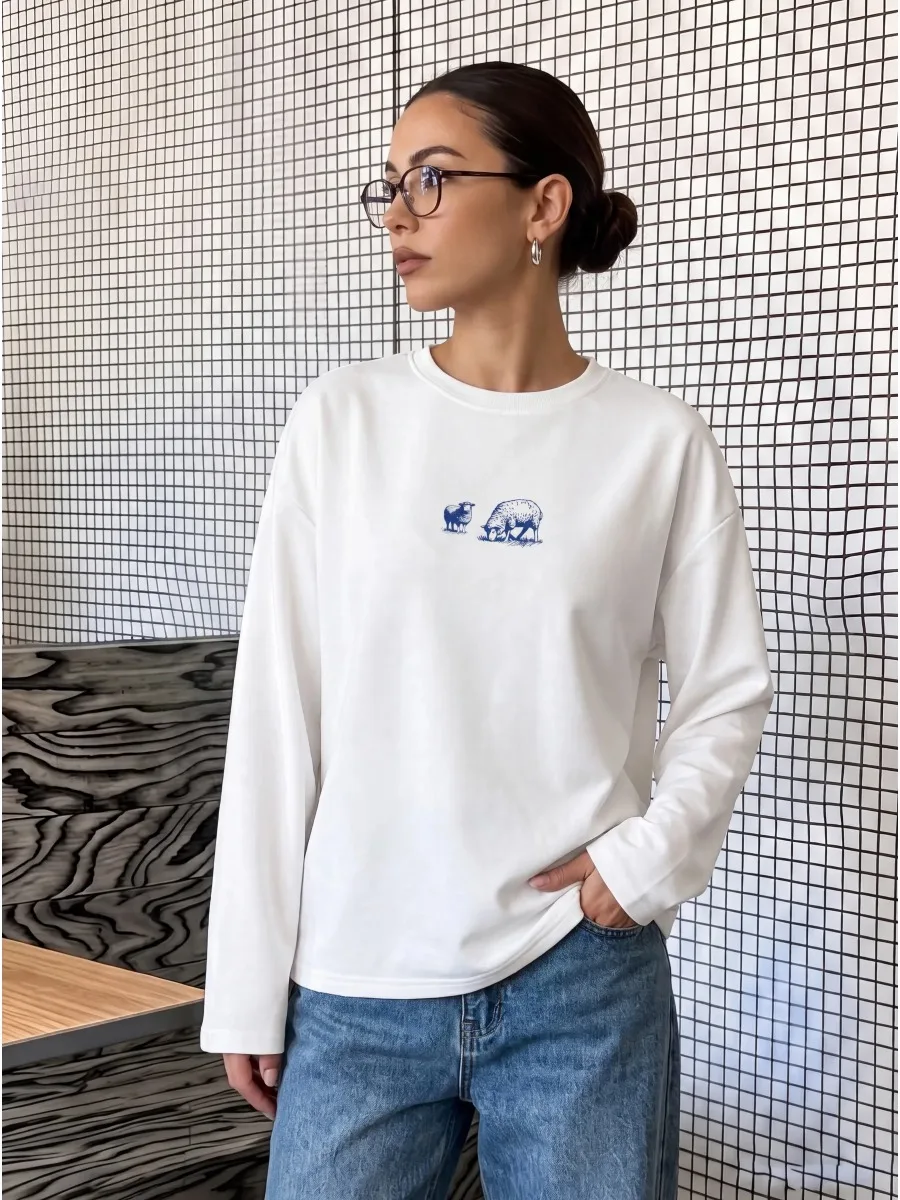 Women Cute Two Sheep Chest Graphic Print Long Sleeve 100% Cotton Casual T Shirt Spring Autumn Loose Basic Daily Commute Wear Top