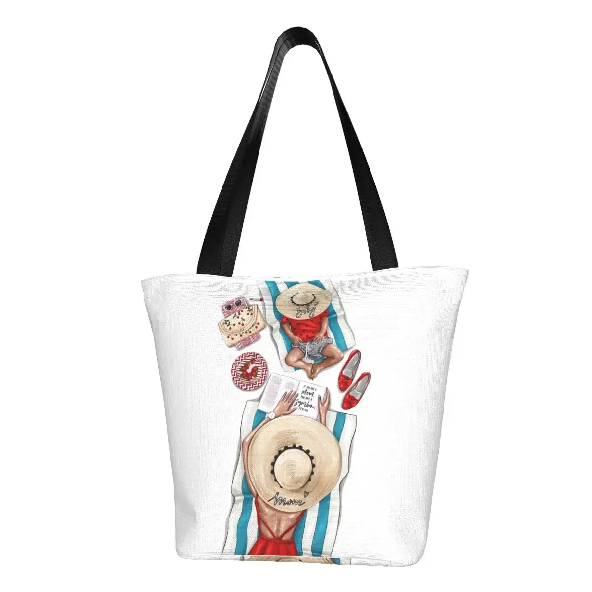 Kawaii Print Super Mama Shopping Tote Bags Reusable Canvas Shoulder Shopper Fashion Lady Cartoon Mom and Handbag