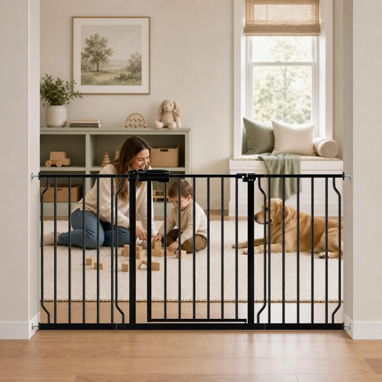 Extra Wide Baby Gate 5748 6220 Inch Pressure Mounted 30 Inch Tall Black Double Lock Hardware Auto Close One Hand Operation Walk