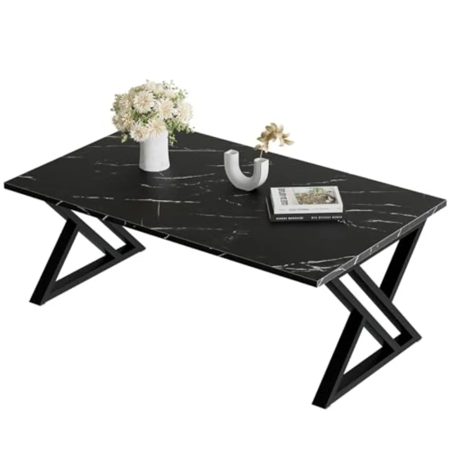 

Coffee Table Living Room Table Black Center Table, Simple Modern Faux Rectangular Tea Table with Sturdy -Finished Metal Frame,