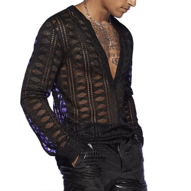 

New men's fishnet transparent shirt long sleeve notch collar hollow see-through sexy shirt men's casual hollow V-neck t-shirt