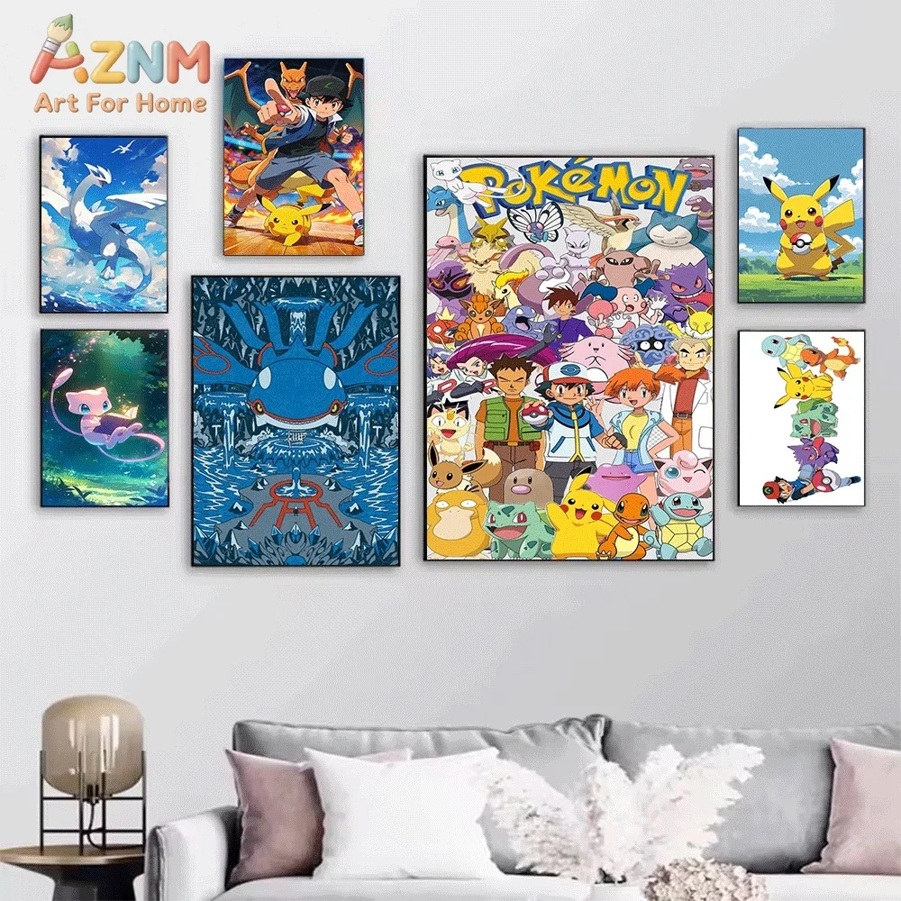 Anime Pokemon Mewtwo Cosmic Explosion Canvas Wall Art, Psychic‑type Pocket Monster Cartoon Frameless Canvas Painting for Kids