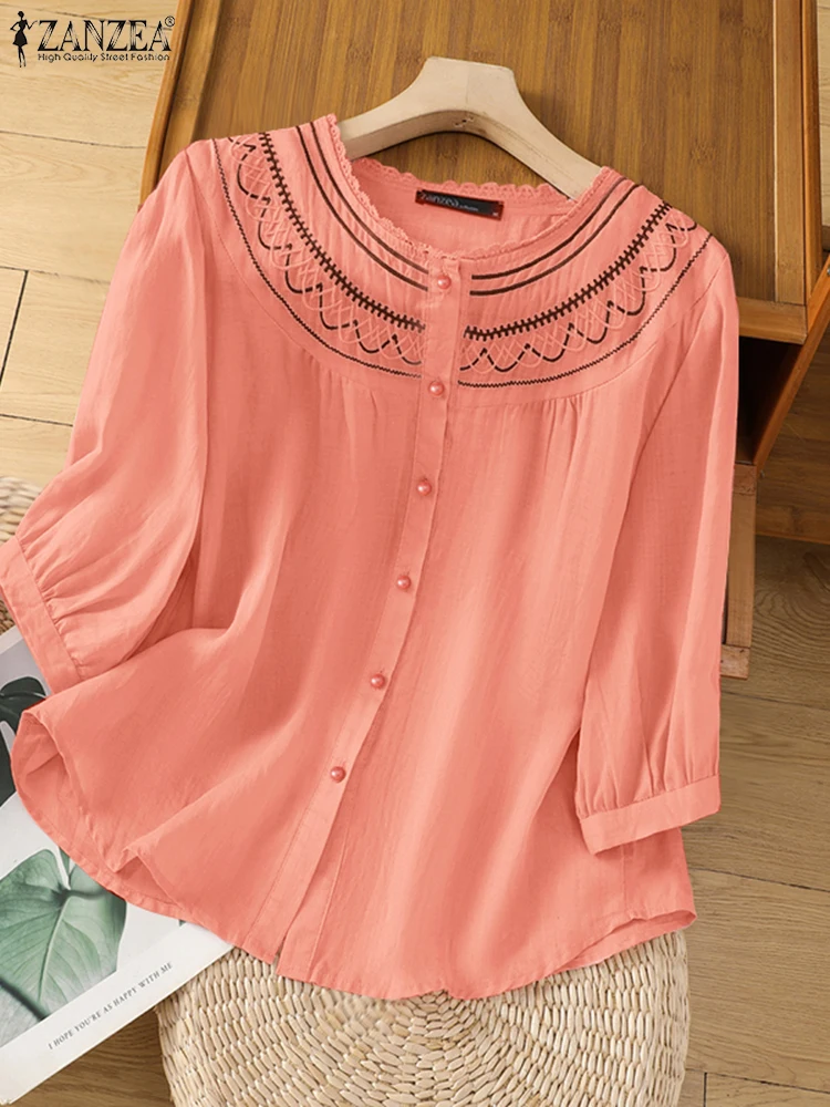 

2025 ZANZEA Women Elegant O Neck 3/4 Sleeve Work Blouses Summer Embroidery Shirts Casual Button Tunic Tops Loose Blusas Oversize