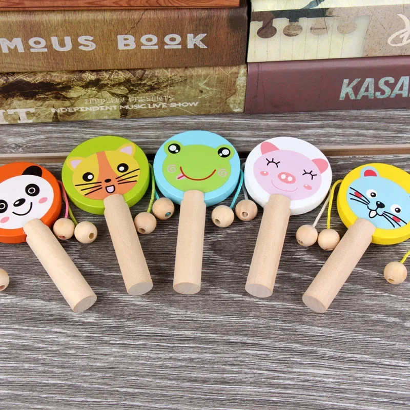 Baby Cartoon Wooden Rattle Music Toys Kid Wooden Rattle Drum Musical Instrument Percussion Toys Child Early Education Tool Gifts