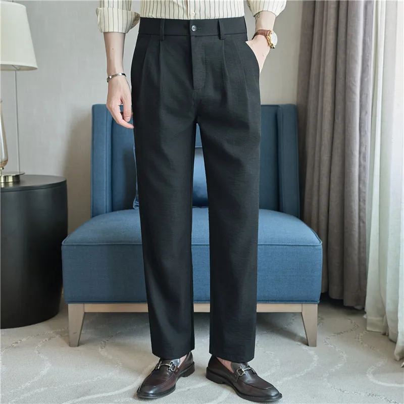 

Cotton Linen Suit Pants for Men Summer Lightweight Business Formal Dress Pants Elastic Waist Loose Casual Trousers Men Clothing