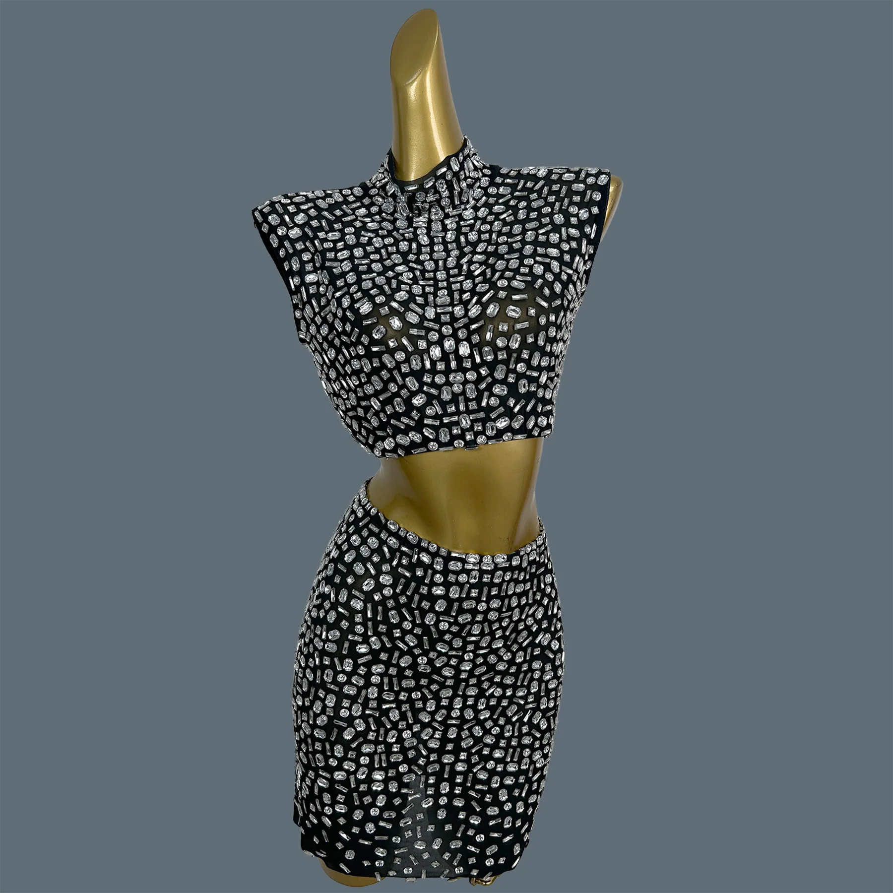 

Black Sparkly Crystal 2Piece Set Luxury Crop Top Mini Skirt Sexy Stage Performance Outfit Dancer Nightclub Party Wear Gesebei