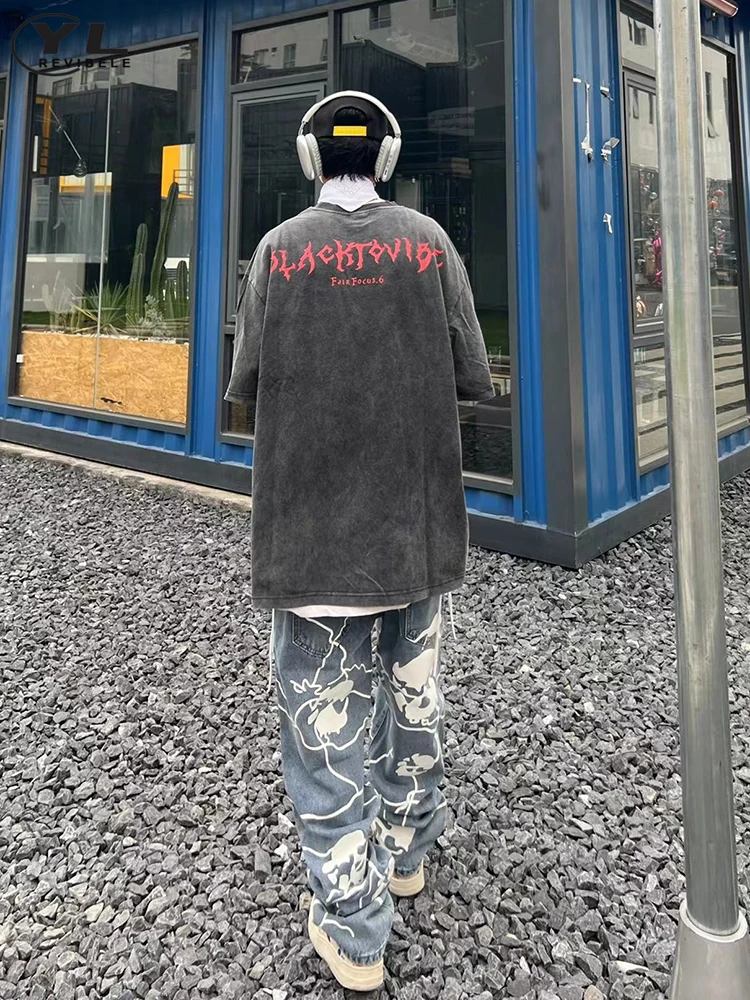 Jean Délavé avec Impression Tête de Mort pour Homme, Pantalon Droit Décontracté, Style Hip Hop, Baggy, Gothique, Punk, Printemps, Y2K