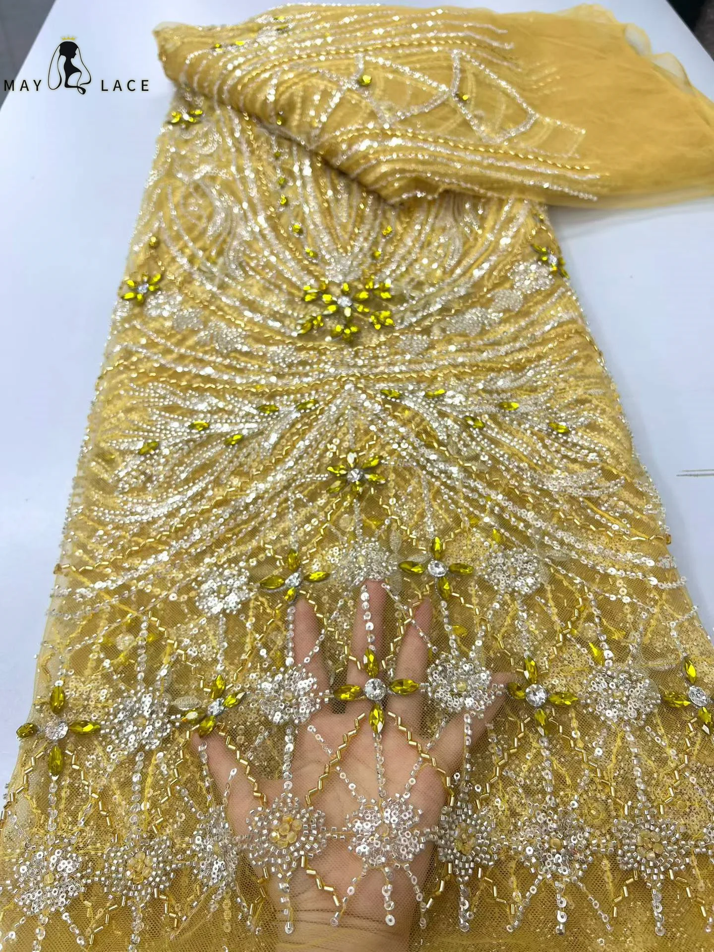 

Gold Luxury African Groom Handmade Beaded Lace Fabric 2026 High Quality French Sequins Tulle For Wedding Party Dresses Sewing