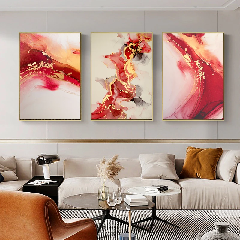 

Abstract Red Fluid Ink Golden River Canvas Paintings Wall Art Poster and Print Pictures for Modern Home Living Room Decoration