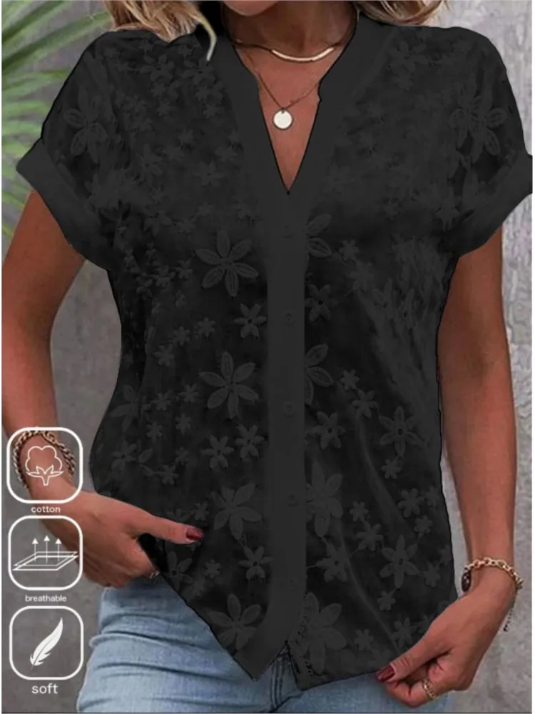 Summer Casual V-neck Shirt Womens Blouse Fashion White Short Sleeve Shirts Button Top Office Ladies Elegant Blouse Tops