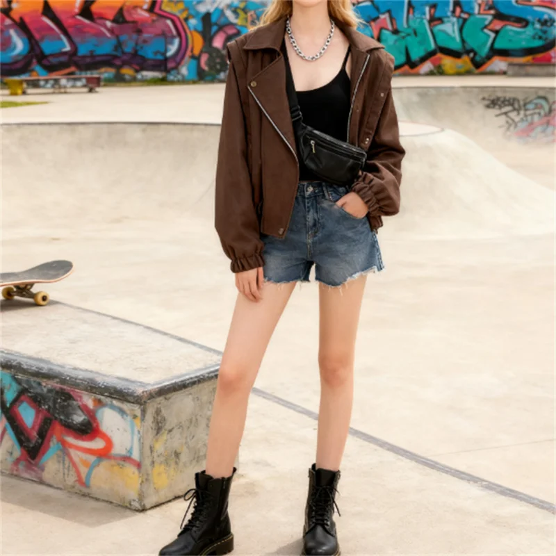 Modna, seksowna damska kurtka zamszowa w stylu retro z klapami, jednolity kolor, jesień 2025