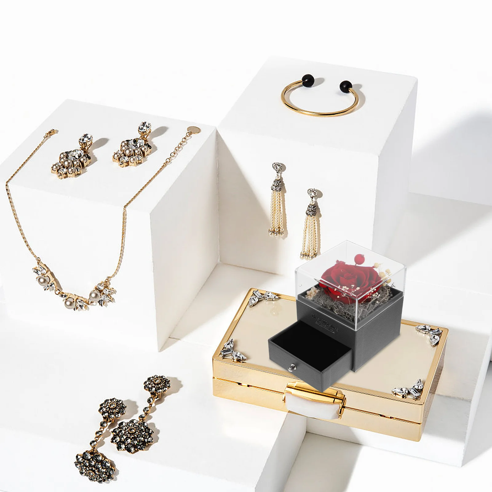 

Preserved Flower Jewelry Box Portable Compact Size For Valentine Wedding Anniversary Bridal Shower Gift Box