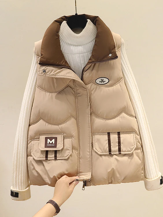 Women's down Cotton Vest Loose Fit Stand Collar ort Sle Autumn Winter Faionable Small Size Commute Sle Zipper Splice
