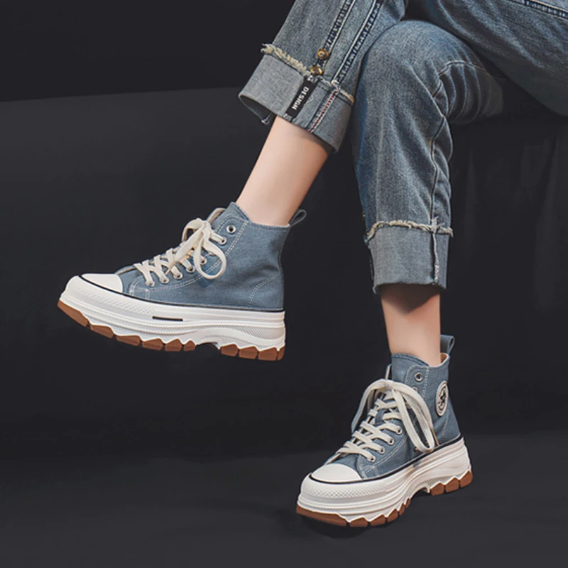 Trendy High Top Canvas Shoes for Women 2024 New Thick Sole Heightening Retro Simple Casual Vulcanized Shoes Zapatos De Mujer