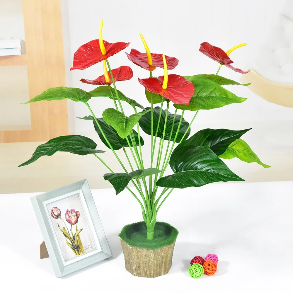 

New 35/50CM Artificial Red Palm Plastic Big Herb Plant Artificial Palm Fronds Simulation Anthurium Living Room Bedroom Decor