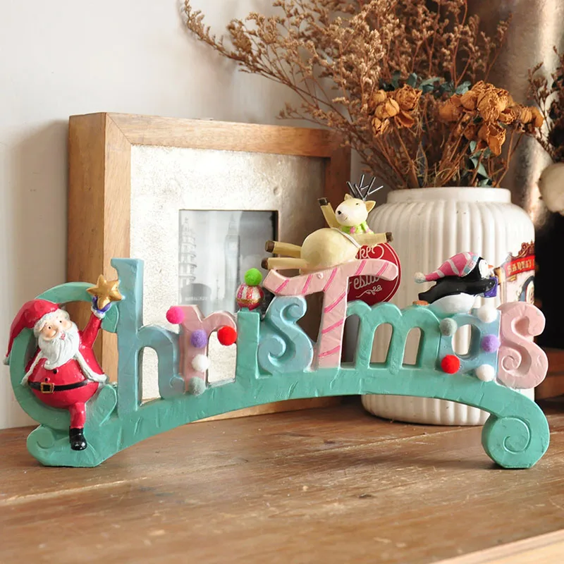 Merry Christmas Painted Santa Claus Deer English Alphabet Christmas Scene Ornament Home Tabletop Decoration Gift