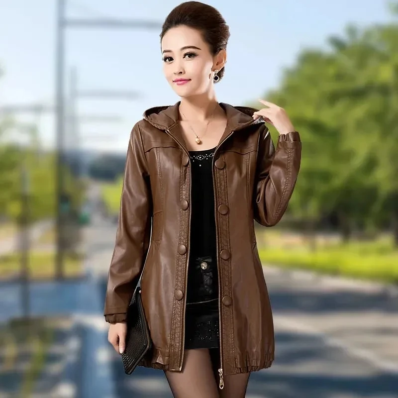 2023 Autumn/Winter Middle Aged Female Leather Jacket Faux Leather Coat New Women Medium length Loose Hooded Leather Windbreaker