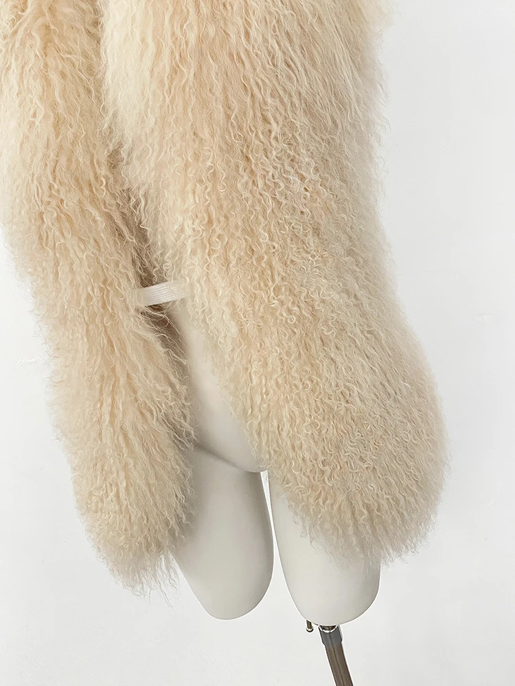 Women Outerwear Coat Solid Deep V-Neck Backless Bandage Sleeveless Jackets Fluffy Luxury Real Mongolian Fur Halter Vests