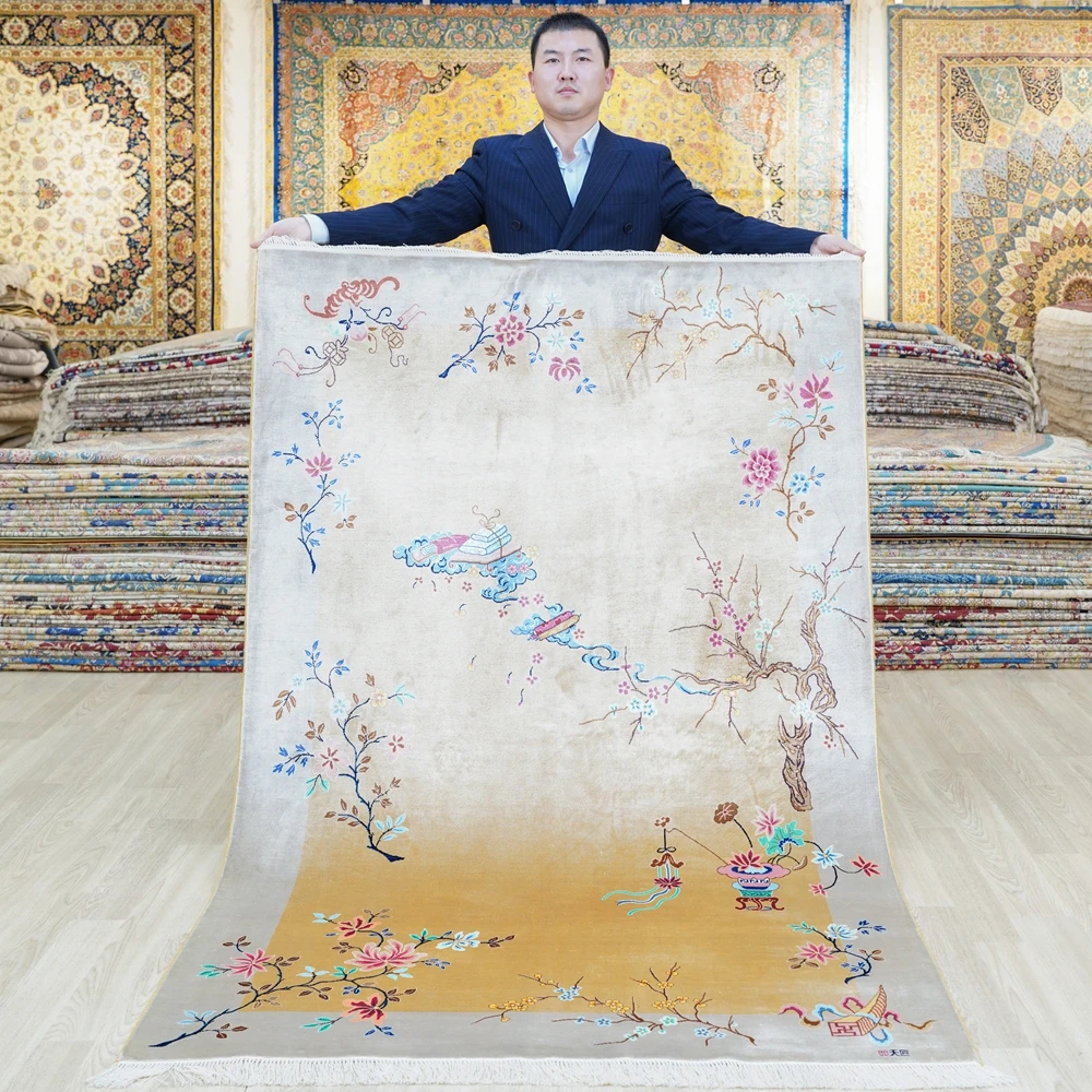 

YILONG 4'x6' Handmade Chinese Art Decoration Silk Carpet Exclusive Classy Yellow Rug