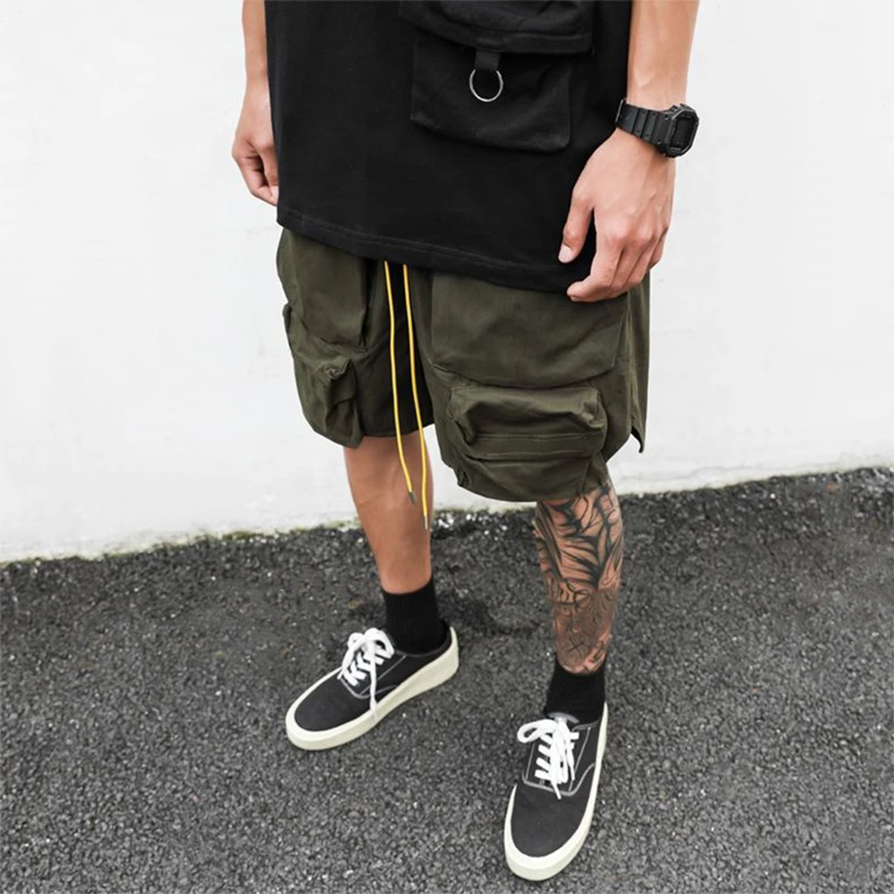 Mens Clothing 2024 Summer New Fashion Street Retro Army Green Drawstring Functional Pocket Loose Casual Cargo Shorts for Men