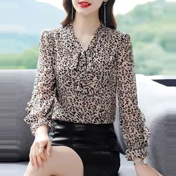 Women's Spring Autumn New Fashion Elegant V-neck Pullover Print Bow Knot Casual Versatile Long Sleeve Loose Chiffon Shirt Tops