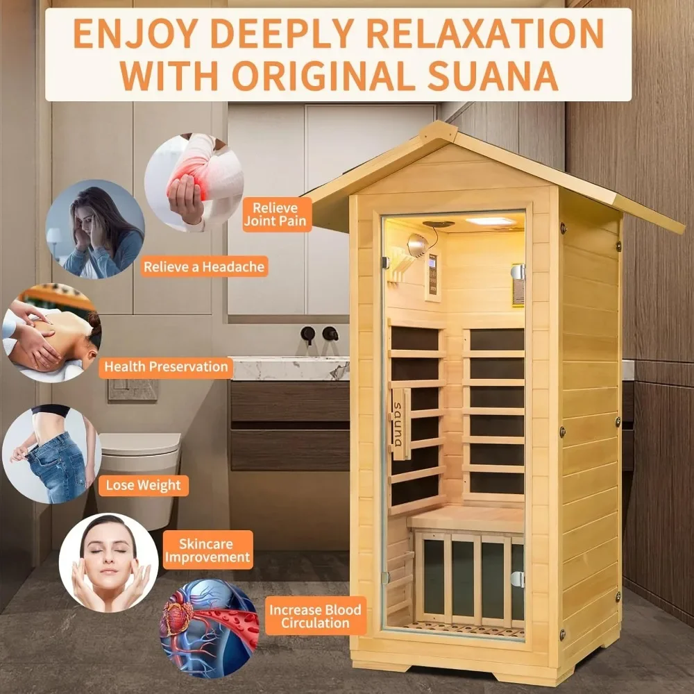 Sauna infrarroja lejana para exteriores para 1 persona, Sauna interior para el hogar de madera con dobladillo canadiense, Sauna seca de 1400W, habitación Personal con altavoces, lámpara LED