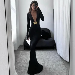 CUTENOVA Women's Autumn New Pure Color Deep V High Waist Fishtail Dress Butterfly Design Elegant Sexy Dresses For Evening Party