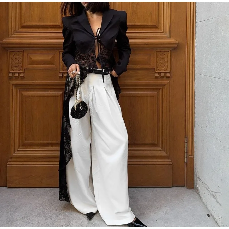 American Fried Street Cool Sa Temperament Lace Splicing Lapel Strap Design Suit Long Sleeve Jacket Women