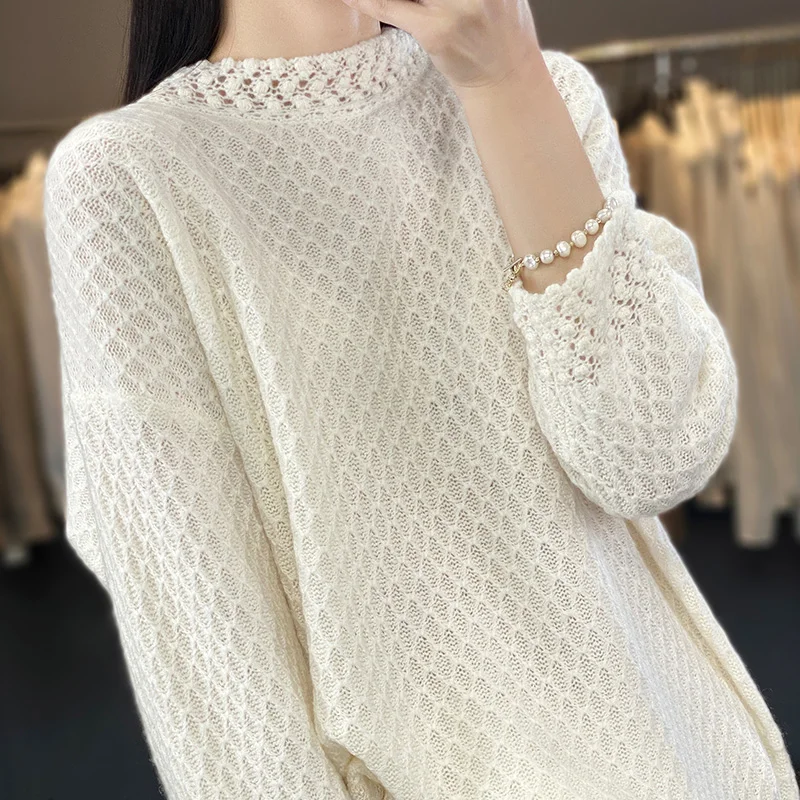 Knitted Cashmere Sweater for Female, Round Neck, Loose Sweater, Heavy Industry Embroidery, New Fashion, Autumn and Winter