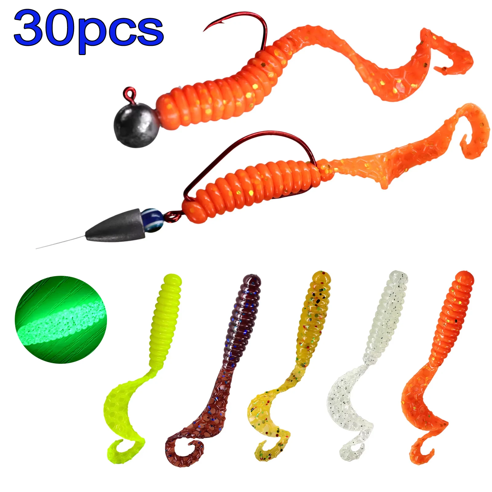 

30pcs 55cm Silicone Soft Lures Luminous Wobbler Roll Tail Soft Worm Baits For Bass Pike Night Artificial Rubber Fishing Lures