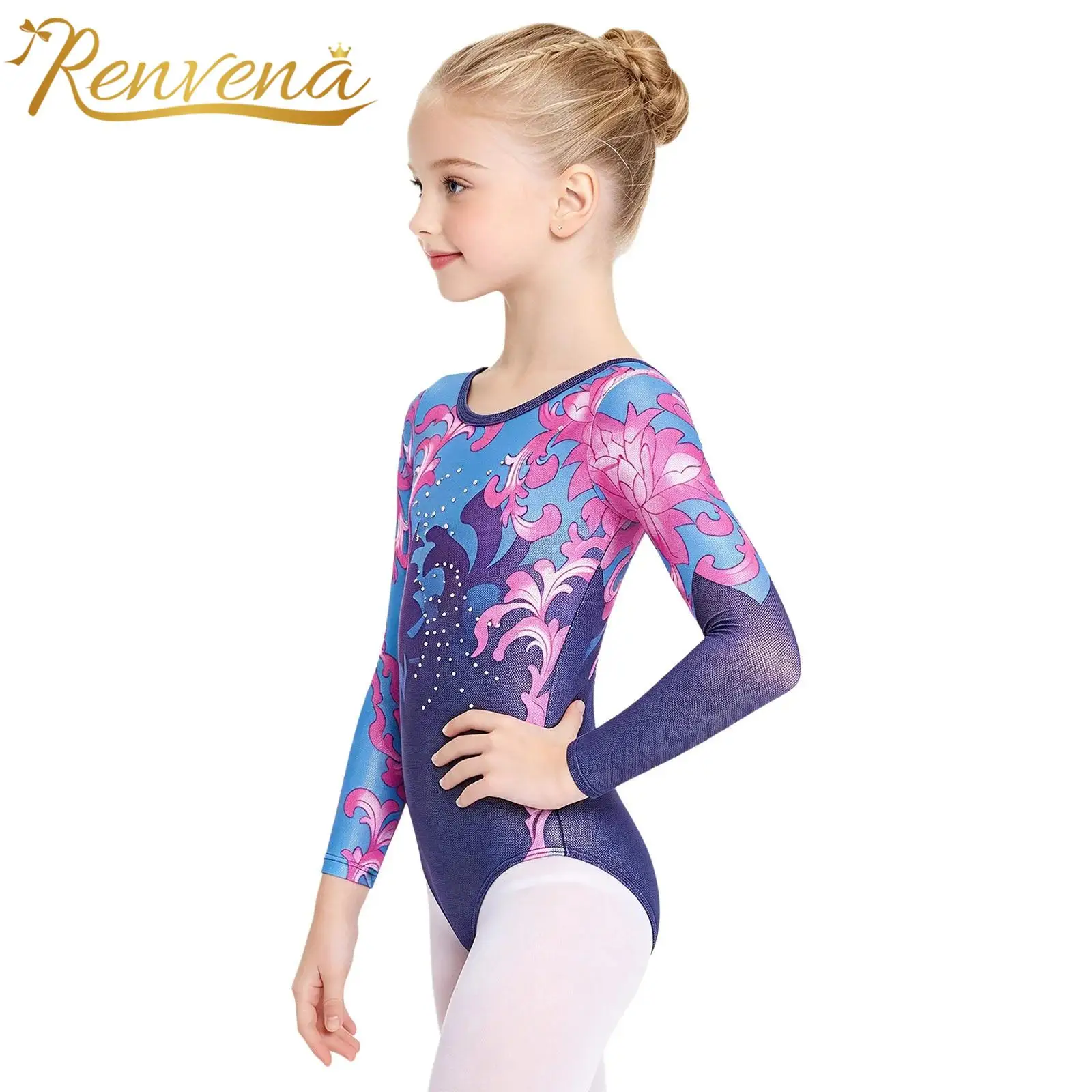 Children Color-blocked Shimmery Ballet Dance Bodysuit Kids Girls Floral Printed Gymnastics Leotard Long Sleeve Yoga Dancewear