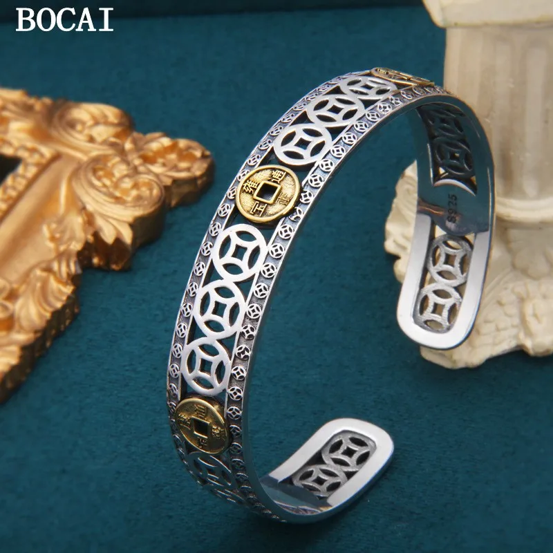 

BOCAI S925 чистое серебро в стиле ретро, выдолбленные пять императорских монет, медные монеты, браслеты, кольца, мужские и женские подарки
