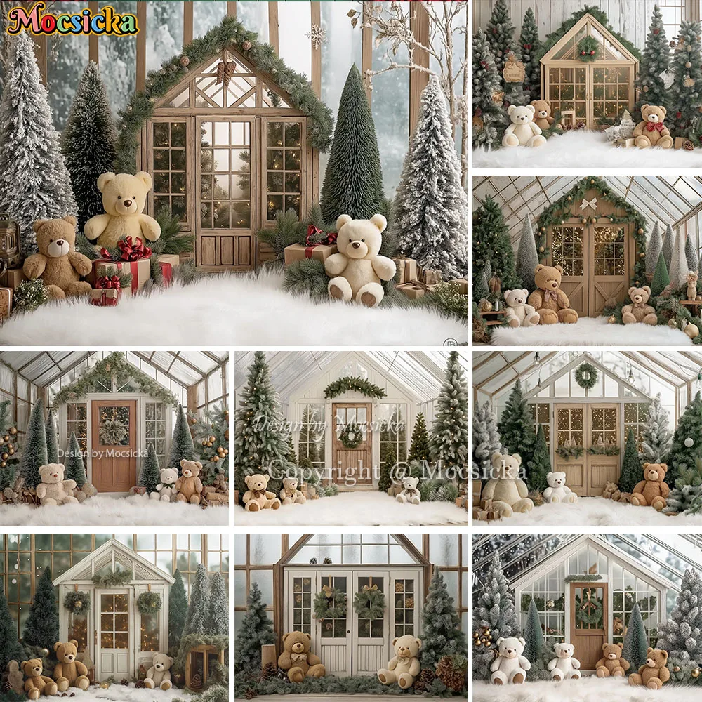 Mocsicka noël serre fond photographie arbre de noël cadeau ours porte en bois toile de fond hiver enfant bébé Photozone Studio