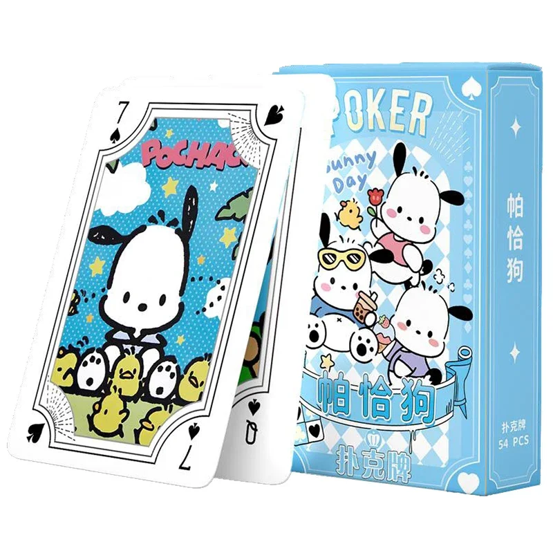 Sanrio pochacco jogando cartas jogos de tabuleiro bonito dos desenhos animados criança crianças brinquedos brinquedo deck jogo de cartas cão branco filhote de cachorro pintinho amarelo