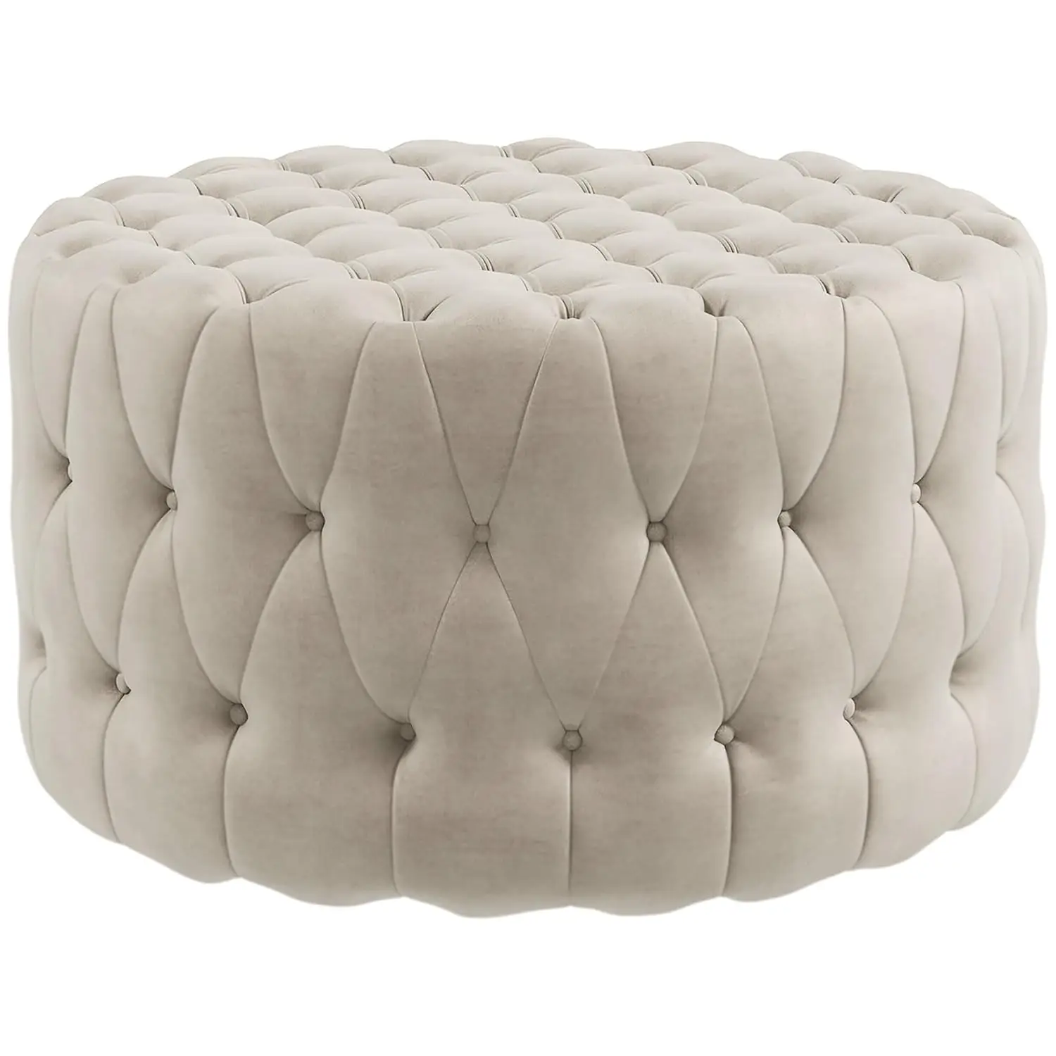 Round Ottoman Large Velvet-Feel Upholstered Padded Seat Beige Foot Stool Button Tufted Living Room Entryway 31.5