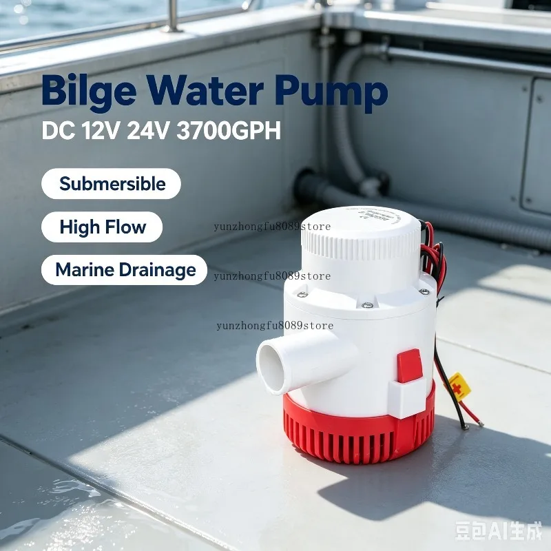 DC 12V 24V Large Flow 3700GPH Submersible Bilge Pump Waterproof High Flow Efficient Drainage Electric Water Pump