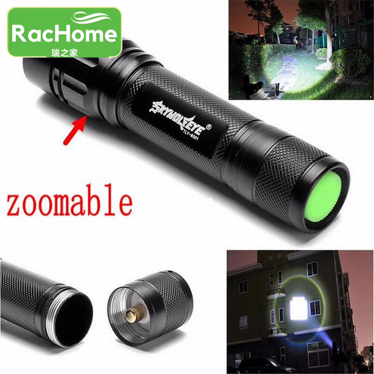 Zoomable Torch for Hiking/Night Fishing/Camping 18650 Battery(not include)Flashlight XPE XML LED Flashlight 600 Lumen 3 Modes