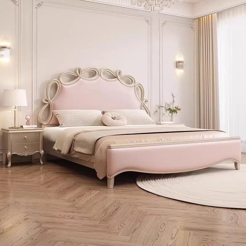 Cream 1.8m pink leather double bed wooden bedroom furniture