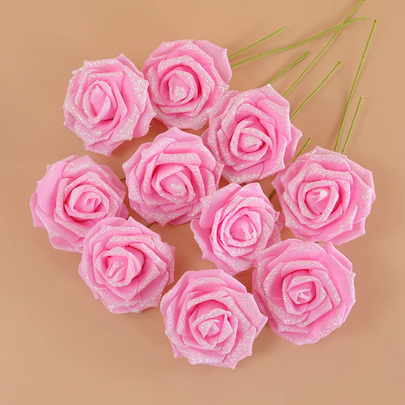 Flores artificiales de espuma con purpurina, rosa, Blanca, para decoración de fiesta de boda, ramo de novia, decoración del hogar, jardín, 10/20 piezas