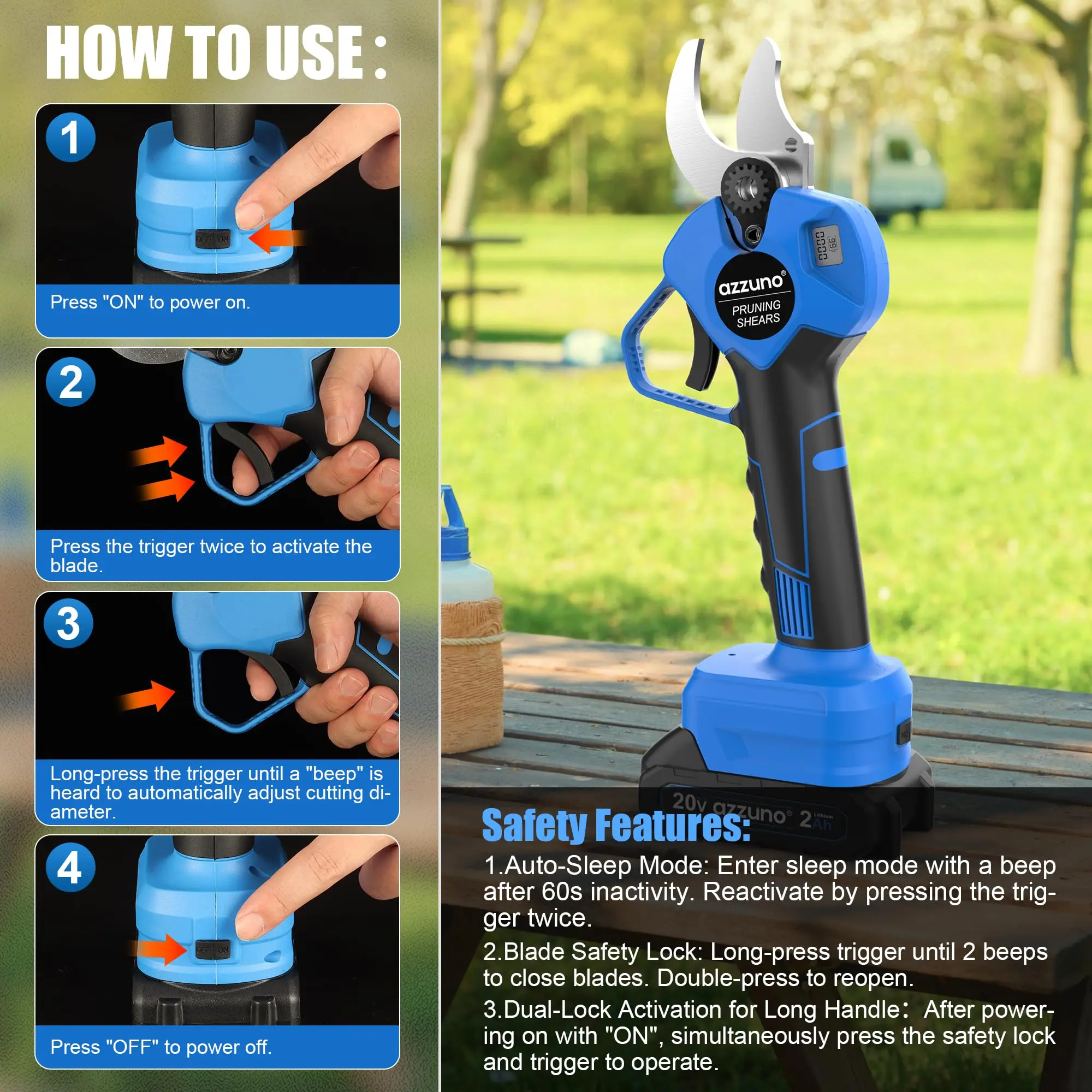 AZZUNO Tijeras de podar de postes eléctricas 2 en 1 de 20 V, podadora de mango largo inalámbrica de 1,4 pulgadas de alcance de 13 pies, cortador de ramas sin escobillas con LCD