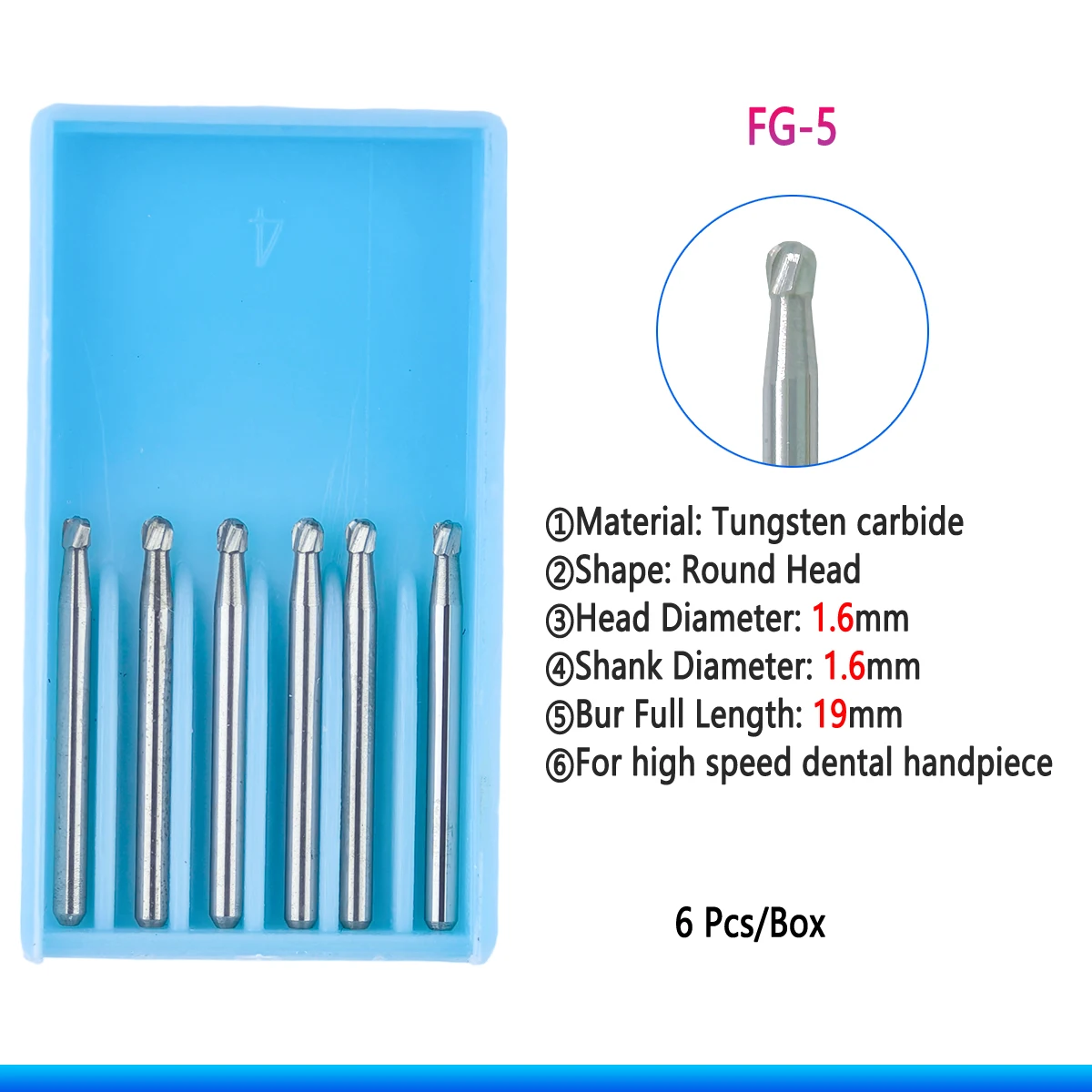 6Pcs/Box Dental Tungsten Carbide Burs Drill Round Head FG Series For Dental Lab Clinic High Speed Handpiece Shank Diameter 1.6mm