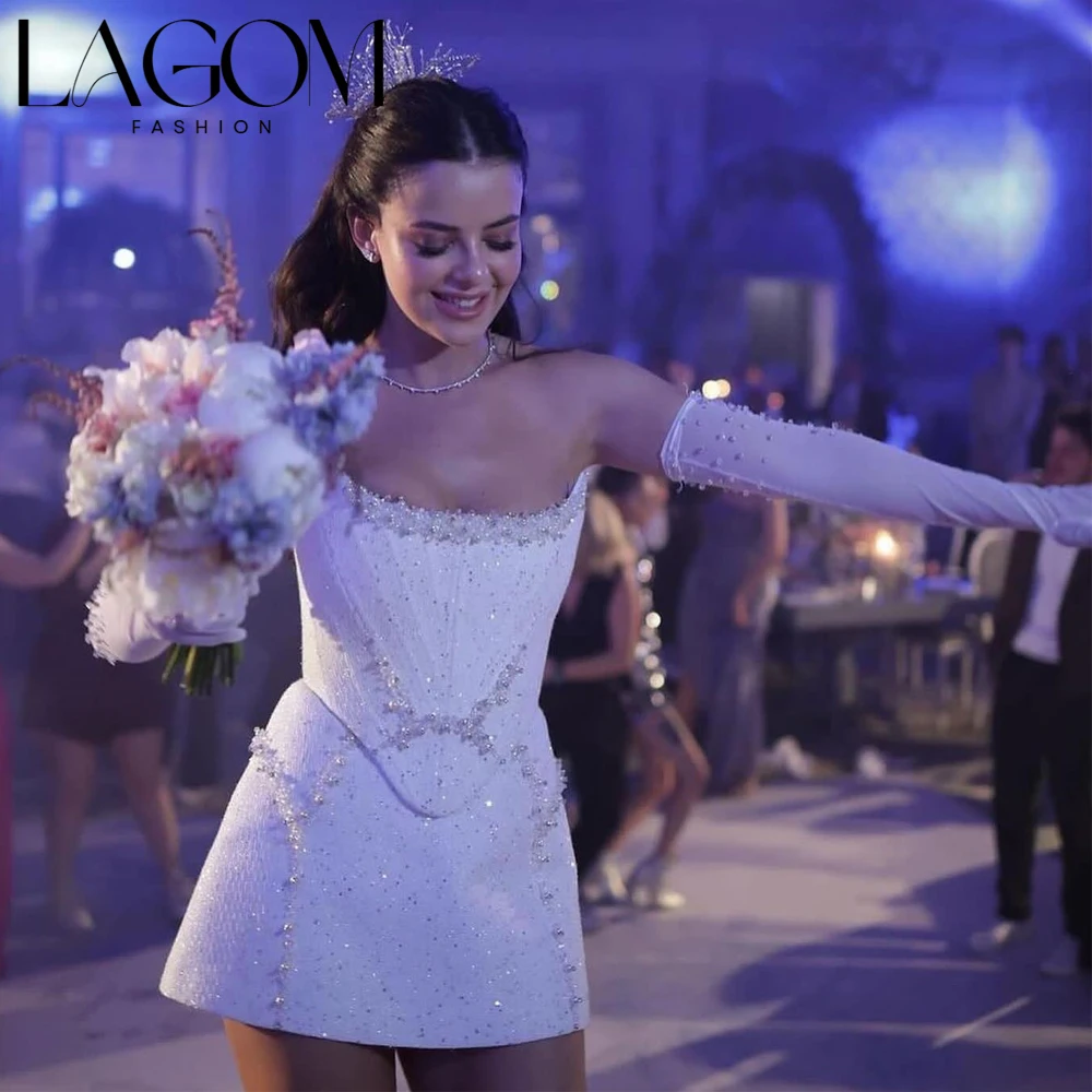 Lagom Exquisite White Strapless Corset Short Sparkly Crystal Beaded Pearls Modern Wedding Dress New Vestido De Novia Customized