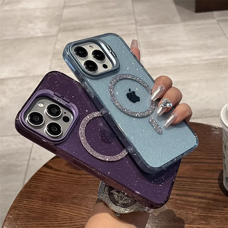 For Magsafe Magnetic Wireless Charge Glitter Clear Case For iPhone 15 14 13 12 11 Pro Max Camera Folding Holder Shockproof Cover