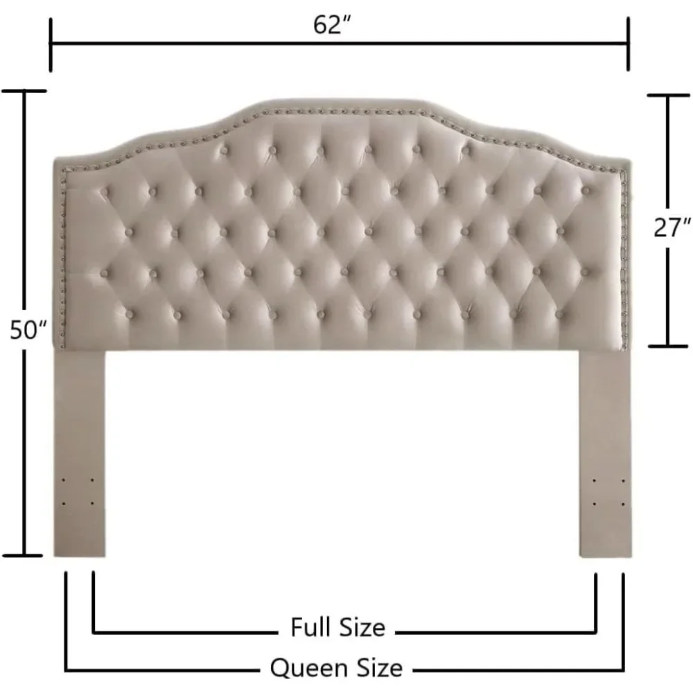 Soft Velvet Fabric Headboard Queen/Full Bedroom Furniture 24KF Upholstered Button Tufted Headboard With Nailhead Trim Taupe Bed