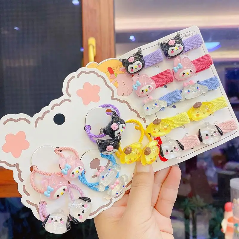 10ชิ้นคลิปหนีบผมลาย Hello Kitty คลิปหนีบผมลาย Pinnamoroll Sanrio My Melody ของเล่นเด็กผู้หญิงเส้นผมยางรัดของขวัญวันเกิดคลิปผม