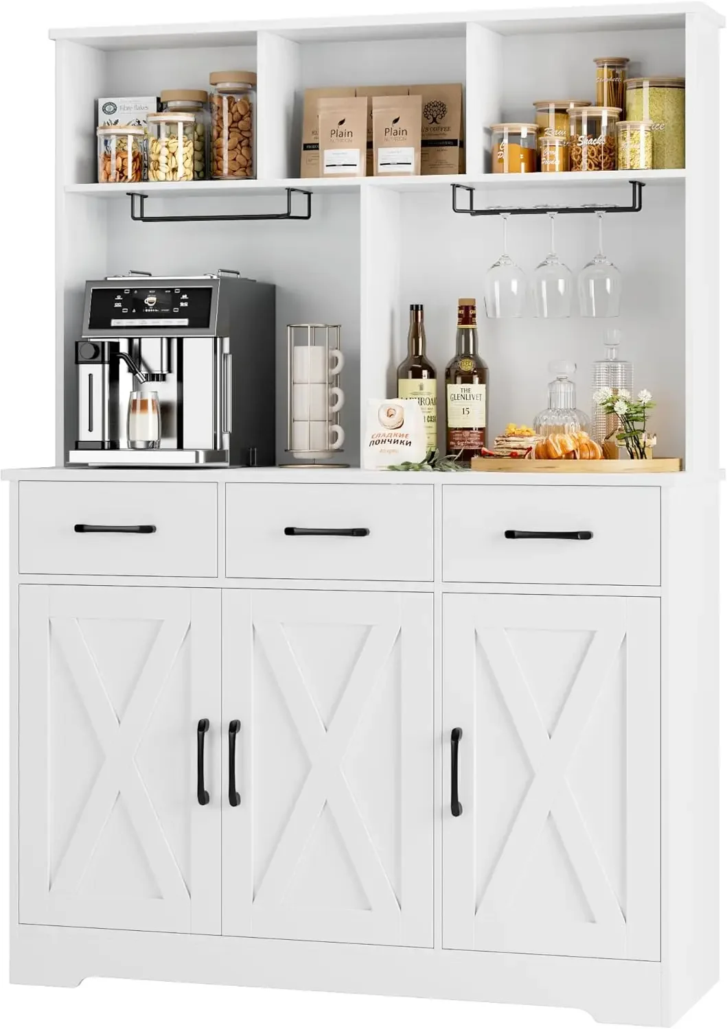 Buffet Cabinet with Hutch, Modern Farmhouse Kitchen Buffet Sideboard Storage Cabinet w/ 3 Drawers, Barn Door Coffee Bar Station