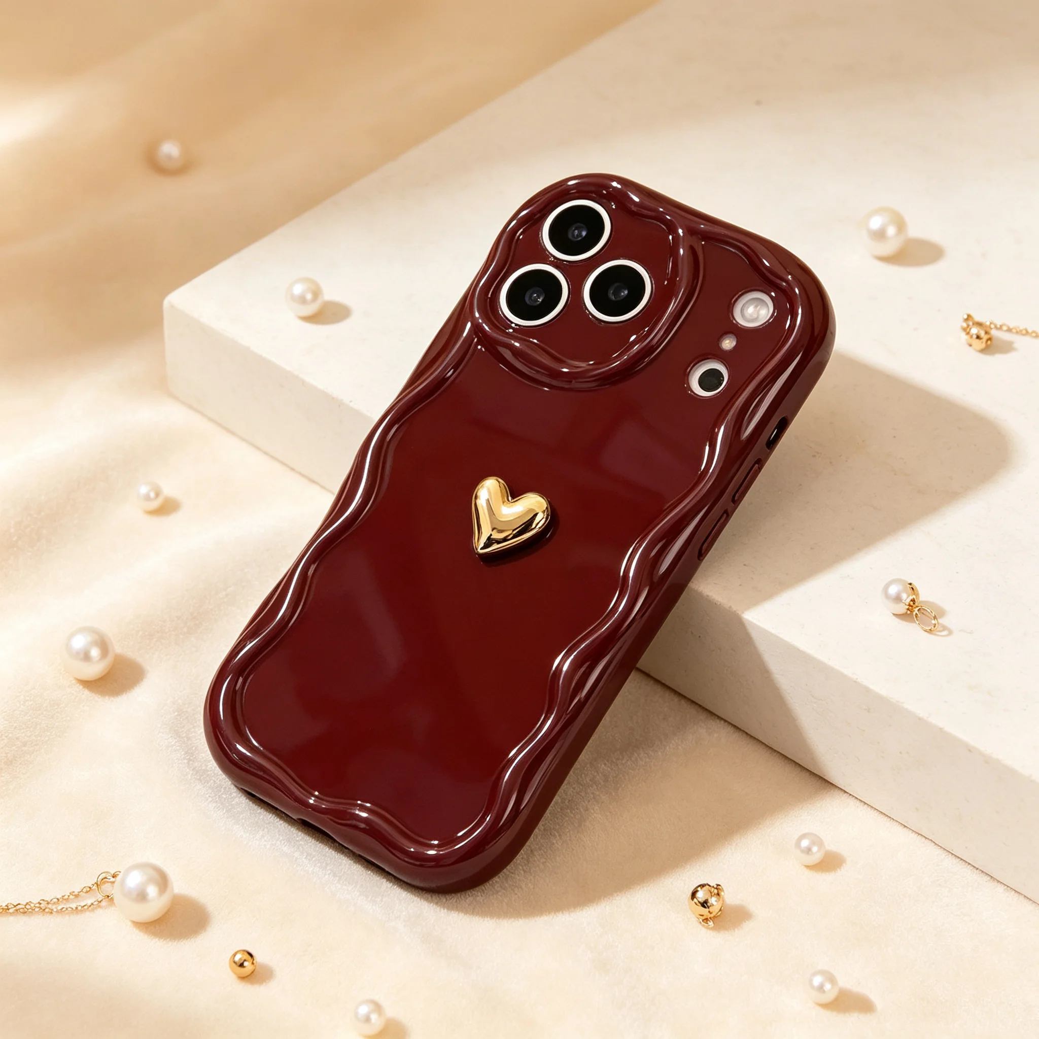 3D Retro Weinrot Wellenmuster mit Goldsternen Handyhülle für iPhone 17 15 13 11 12 14 16 Pro Max Plus Objektivschutz Silikonhülle für Damen – Detail 4