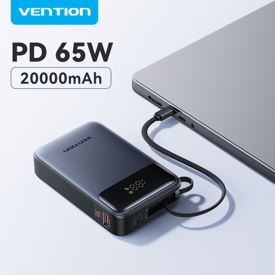  Vention 65W Portable Power Bank 20000mAh PD Fast Charging with Built-in USB Type-C Cable for Laptops iPhone 16 15 14 13 Pro Max 