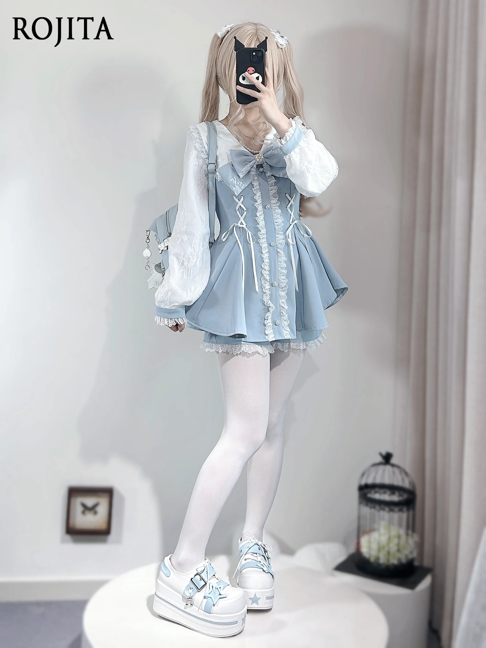 

Mass-produced Mine Japanese Long-sleeved Suit Bow Lace Splicing High-waisted Shirt Skirt and Shorts Two-piece Women's Clothing